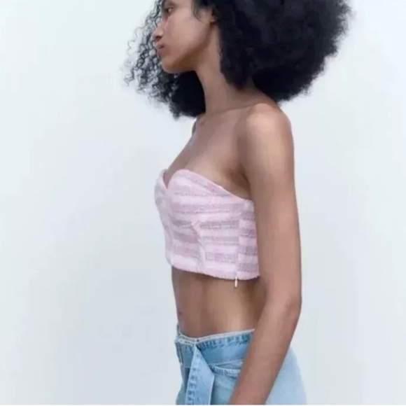 NWT Zara Womens X Small Tweed Bustier Crop Corset Top Pink Purple Plaid XS - Picture 8 of 9